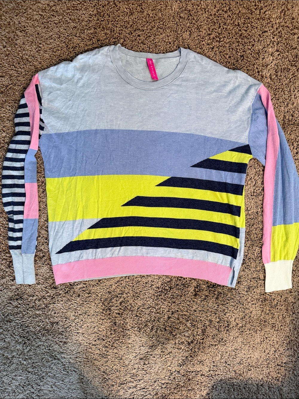 Colorblock Crewneck Sweater in Light Gray with Pink, Yellow & Navy Accents